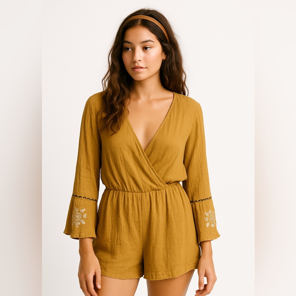 Miami Gold Boho Long Sleeve V Neck Romper